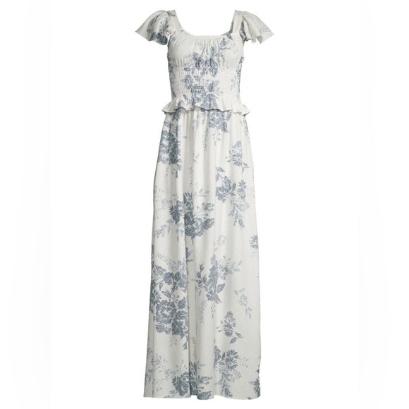 Love Ady Smocked Waist Linen Blend Maxi Dress, Nude/Navy Size M New w/Tag  $178 Women